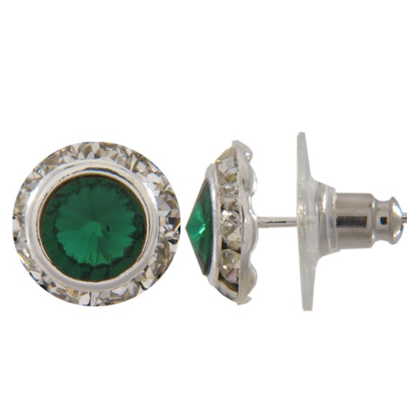 Emerald and Crystal Round Button Pierced Earrings - Picture 2 of 8